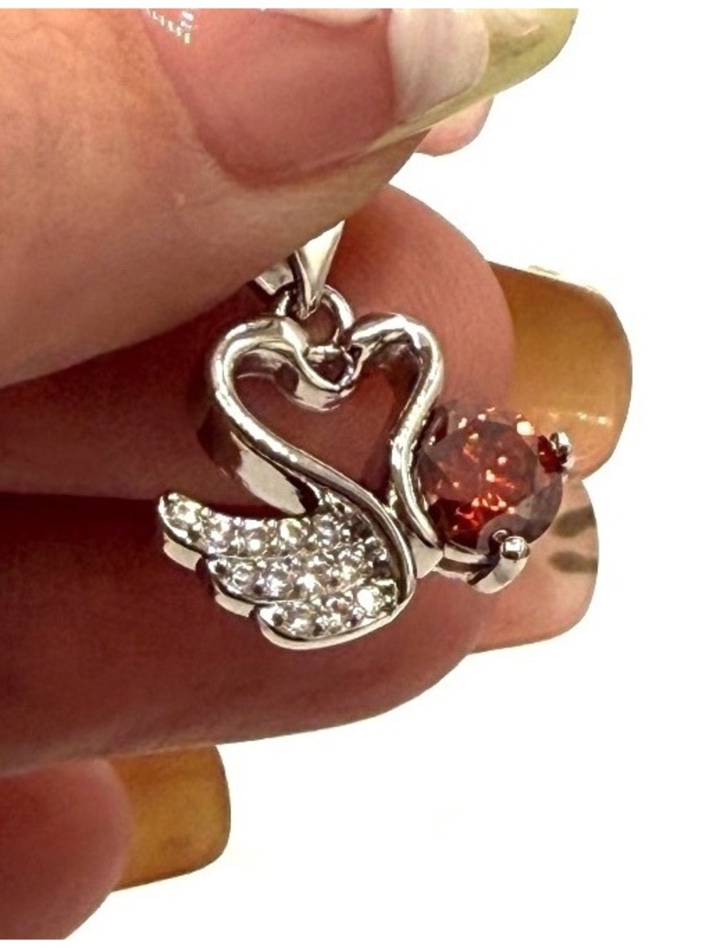 18K White Gold Plated, Red Moissanite Swan Heart Pendant, 1 CTW, GRA Certified